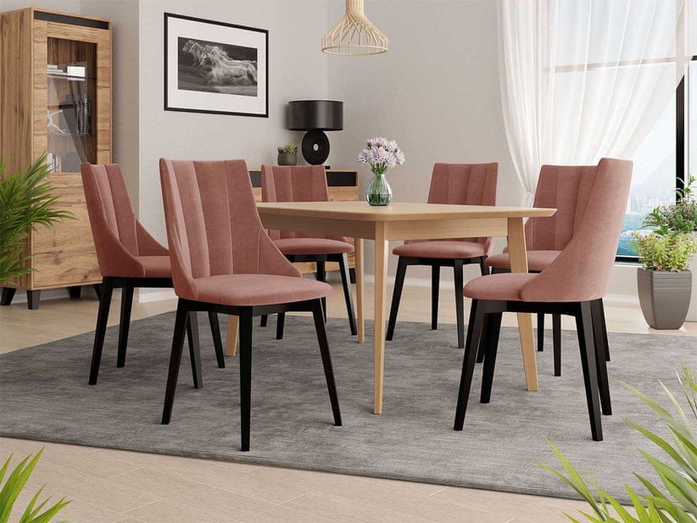 Veneti Rozkladací jedálenský stôl so 6 stoličkami NOWEN 2 - prírodné drevo / čierny / ružový